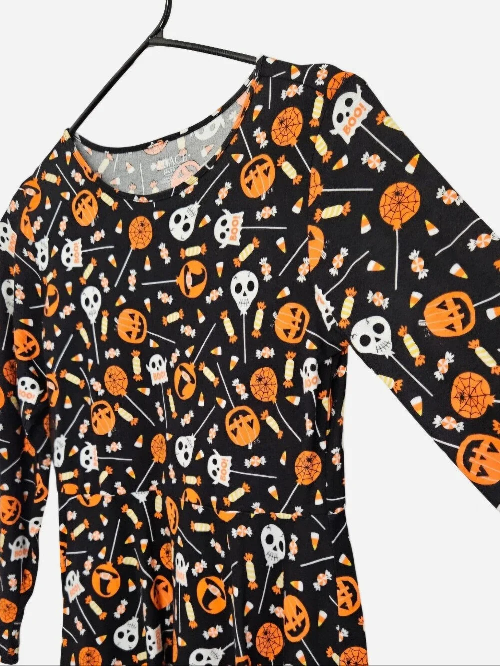 Halloween long sleeve dress orange & white skulls & bats black background, GIRLS